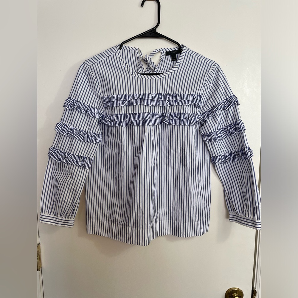 J. Crew Blue and White stripe 100% Cotton Ruffle Top Preppy Girly size 0